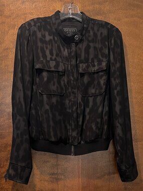 Guess Leopard Pattern Animal Print Bomber Jacket Dark Grey Black Size M